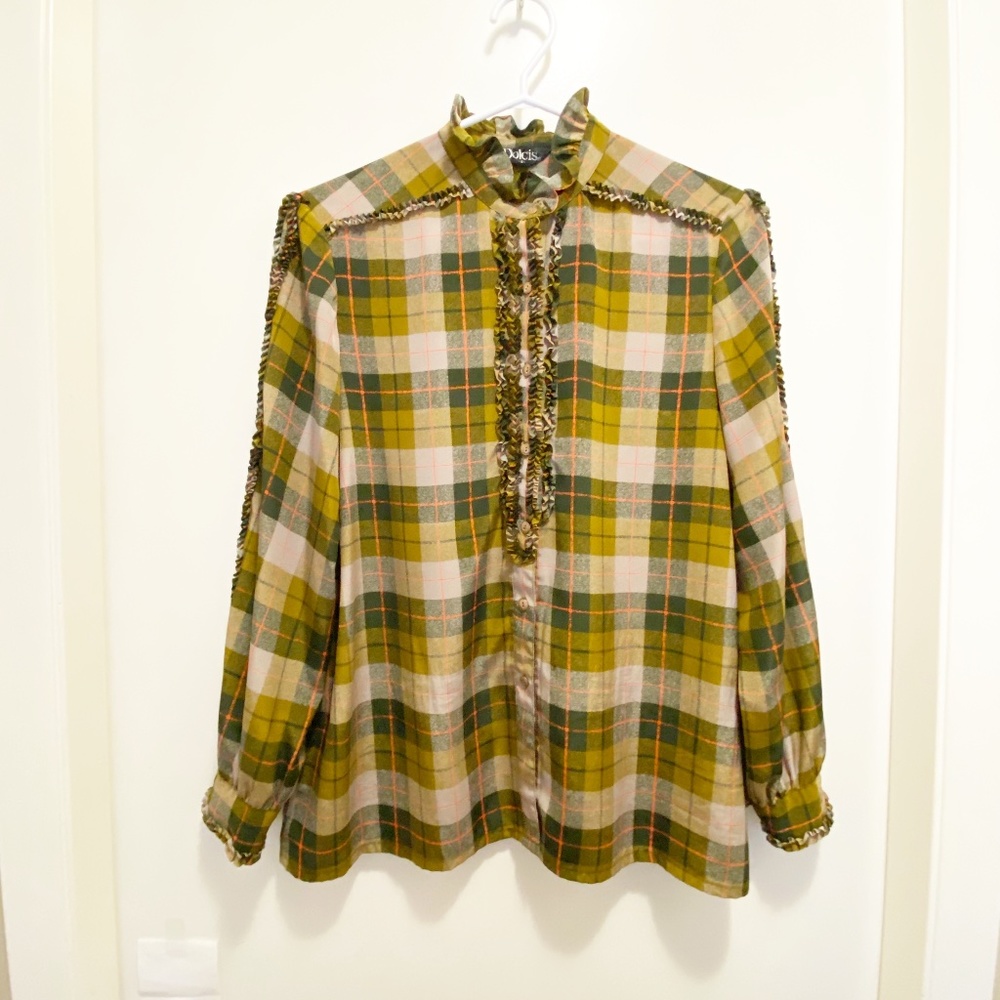 Dolcis – Vintage Plad Ruffle Front Button Blouse S